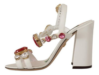 Dolce & Gabbana Weißes Leder Kristall Keira Heels Sandalen Schuhe