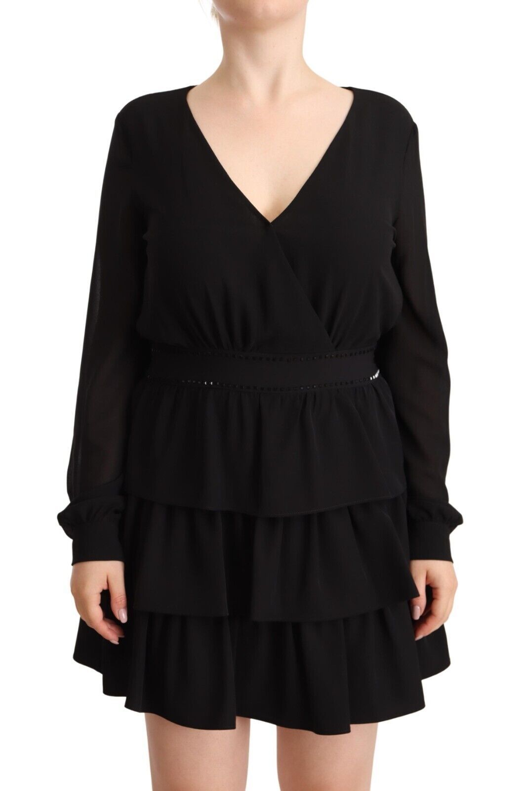 Liu Jo Schwarzes Polyester Langärmeliges Mini-A-Linien-Kleid mit V-Ausschnitt