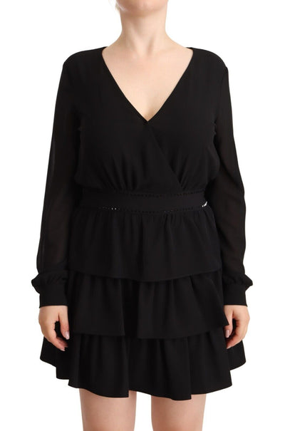 Liu Jo Schwarzes Polyester Langärmeliges Mini-A-Linien-Kleid mit V-Ausschnitt