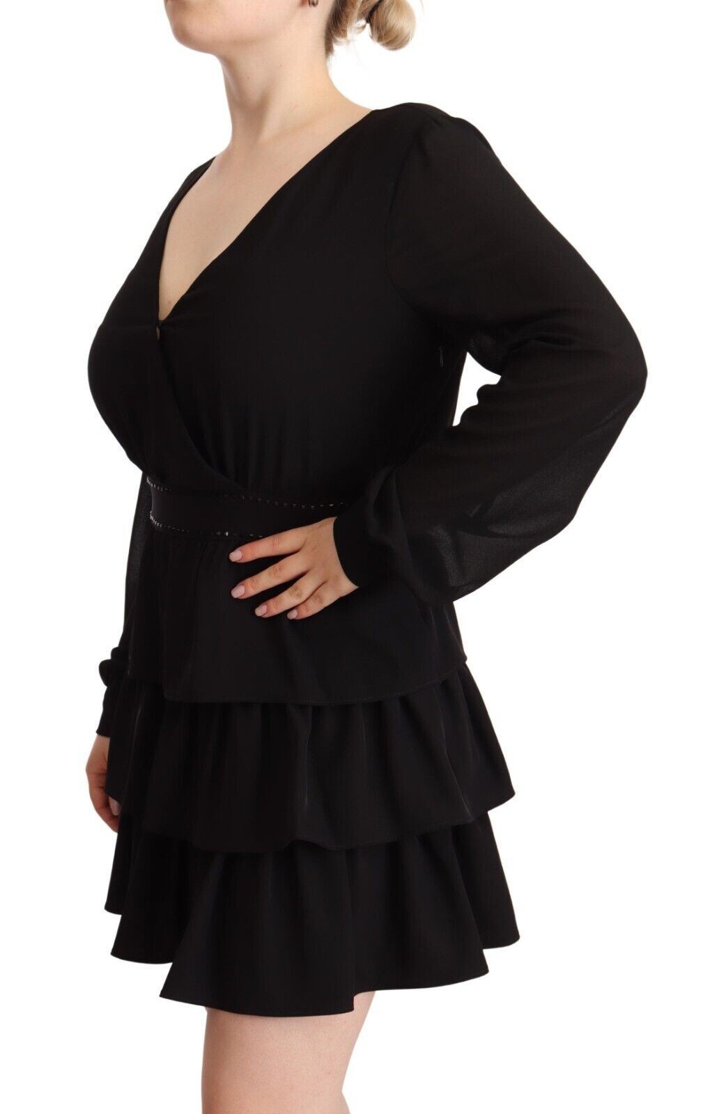Liu Jo Schwarzes Polyester Langärmeliges Mini-A-Linien-Kleid mit V-Ausschnitt