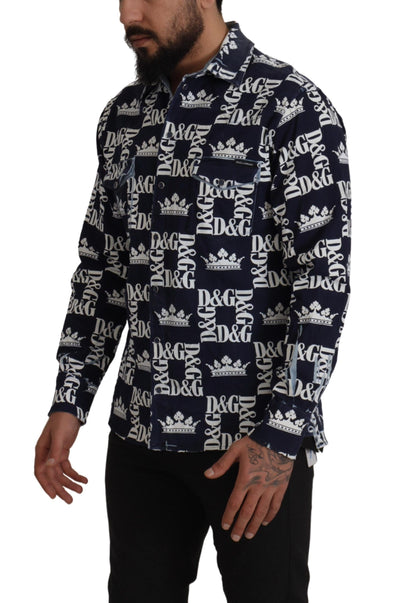 Dolce & Gabbana Blaues Denim Stretch DG Crown Logo Freizeithemd