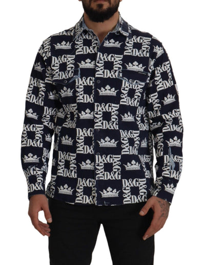 Dolce & Gabbana Blaues Denim Stretch DG Crown Logo Freizeithemd