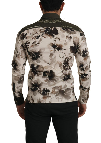 Dolce & Gabbana Grün Beige Geblümtes Baumwoll-Stretch-Exklusiv-Hemd