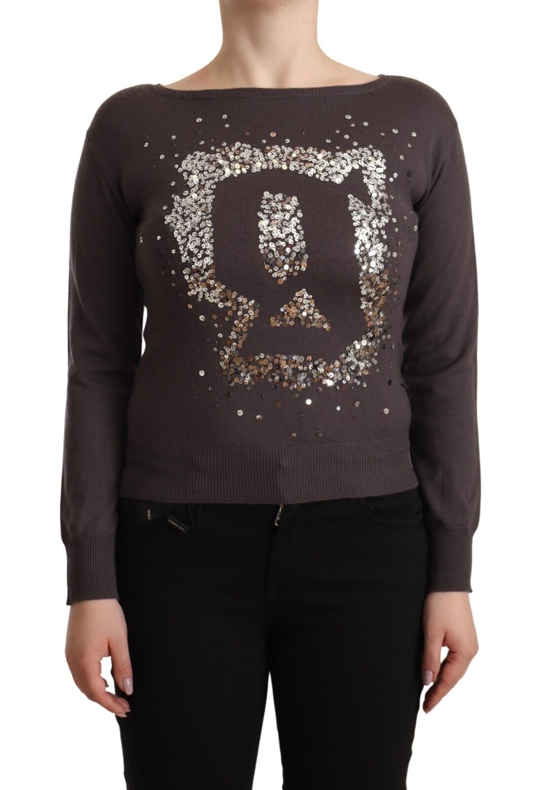 John Galliano Brauner Wollpullover mit langen Ärmeln und Pailletten