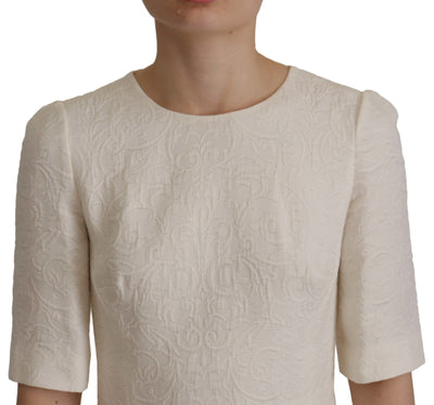 Dolce & Gabbana Weißes Jaquard Midi Kleid mit Blumenmuster und Brokatbesatz