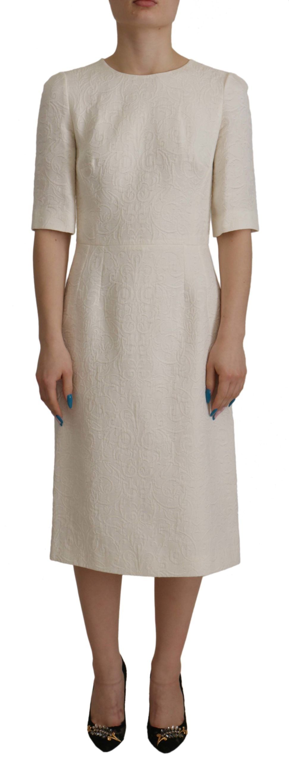 Dolce & Gabbana Weißes Jaquard Midi Kleid mit Blumenmuster und Brokatbesatz