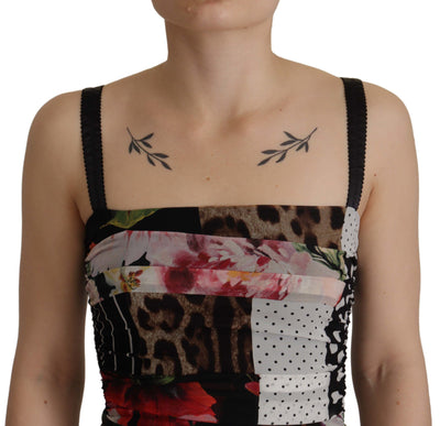 Dolce & Gabbana Multicolor Pachwork Midi-Seiden-Leoparden-Bodycon-Kleid mit Blumenmuster
