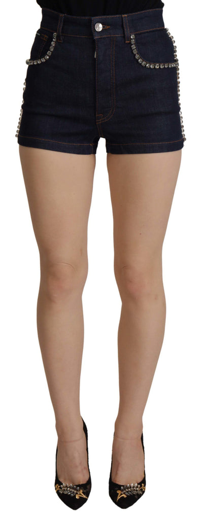 Dolce & Gabbana Blaue Denim Stretch Crystal Hot Pants Shorts