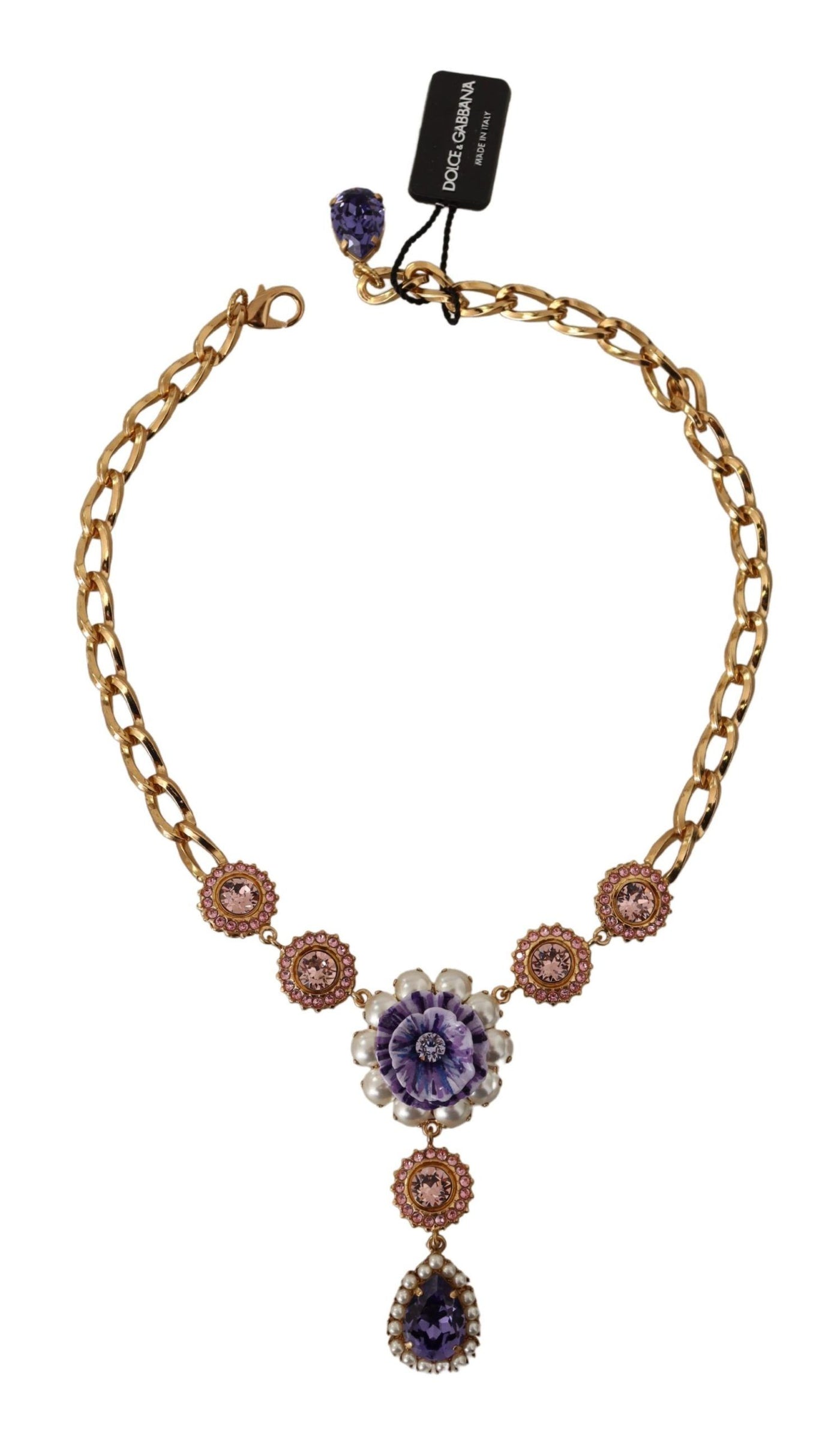 Dolce & Gabbana Gold Messing Kristall Lila Rosa Perle Anhänger Halskette
