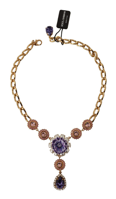 Dolce & Gabbana Gold Messing Kristall Lila Rosa Perle Anhänger Halskette
