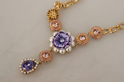 Dolce & Gabbana Gold Messing Kristall Lila Rosa Perle Anhänger Halskette