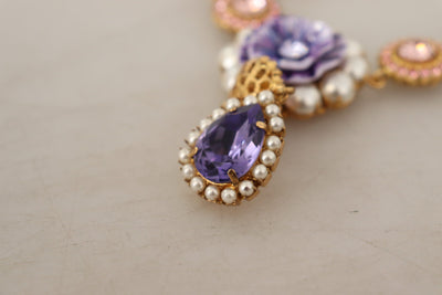 Dolce & Gabbana Gold Messing Kristall Lila Rosa Perle Anhänger Halskette