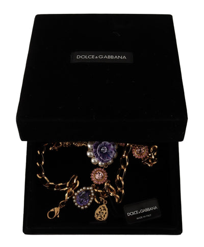 Dolce & Gabbana Gold Messing Kristall Lila Rosa Perle Anhänger Halskette