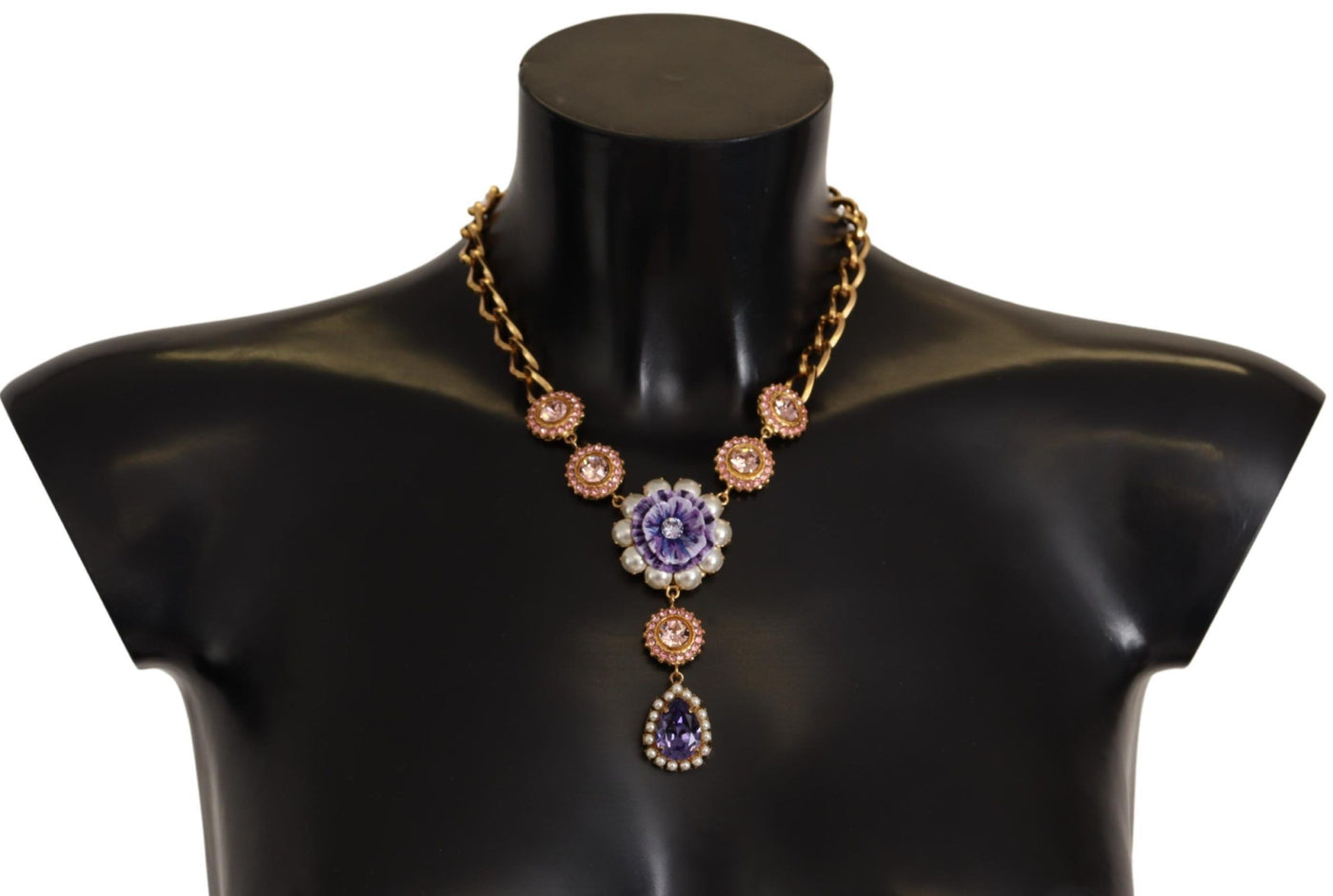 Dolce & Gabbana Gold Messing Kristall Lila Rosa Perle Anhänger Halskette
