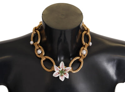 Dolce & Gabbana Gold White Lily Floral Kette Statement Halskette