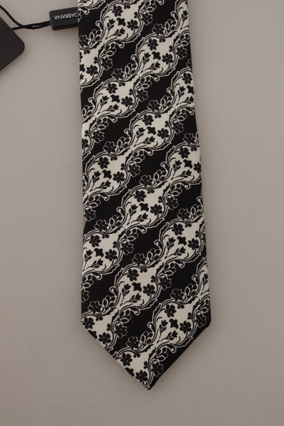 Dolce & Gabbana Schwarz Weiße Blume 100% Seide Druck Verstellbares Accessoire Krawatte