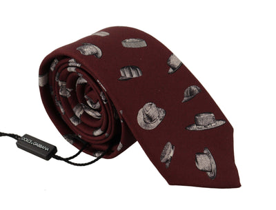 Dolce & Gabbana Maroon Hut Muster 100% Seide Einstellbare Accessoire Krawatte
