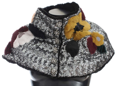 Dolce & Gabbana Silberner, paillettenbesetzter, floraler Wiesel-Pelz-Schultertuch-Wickelschal