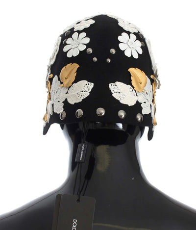 Dolce & Gabbana Schwarz Wolle Weiß Floral Gold Leaf Hut