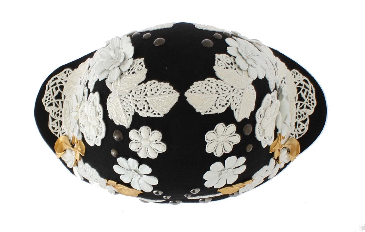 Dolce & Gabbana Schwarz Wolle Weiß Floral Gold Leaf Hut
