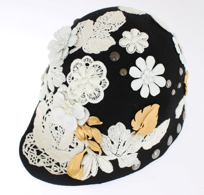 Dolce & Gabbana Schwarz Wolle Weiß Floral Gold Leaf Hut
