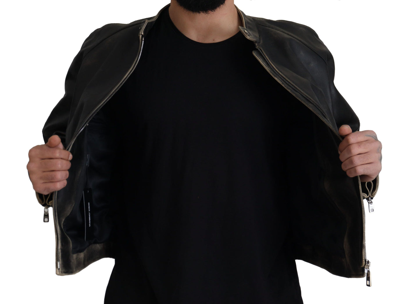 Dolce & Gabbana Schwarzer Leder Bikermantel mit Reißverschluss Jacke