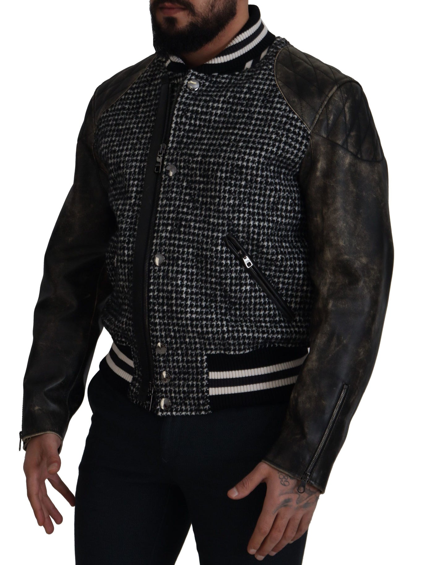 Dolce & Gabbana Schwarze Bomberjacke aus Polyester mit Hahnentrittmuster