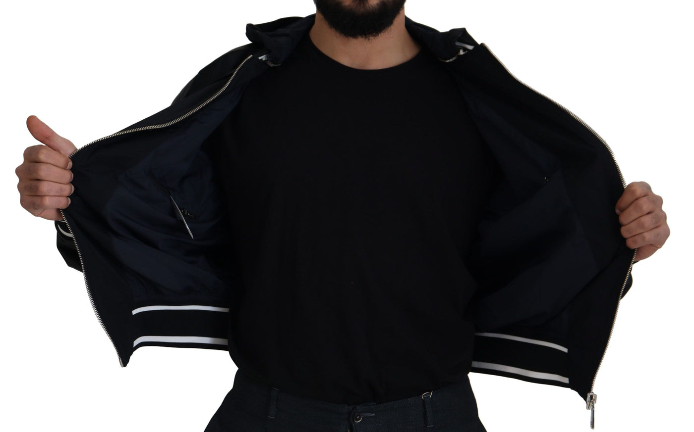 Dolce & Gabbana Schwarzer Polyester Blousonmantel mit Kapuze Jacke