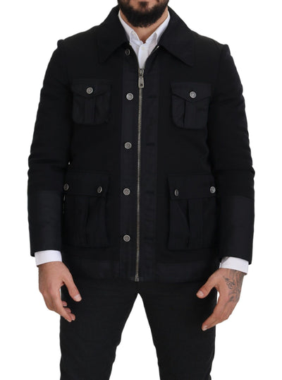 Dolce & Gabbana Schwarze Jacke mit durchgehendem Reißverschluss und Kragen aus Wolle
