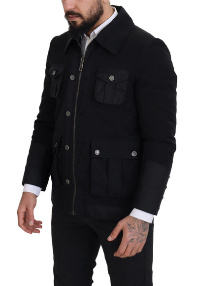 Dolce & Gabbana Schwarze Jacke mit durchgehendem Reißverschluss und Kragen aus Wolle