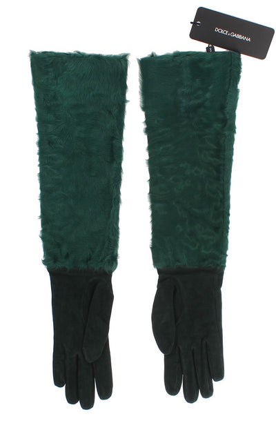 Dolce & Gabbana Grünes Leder Xiangao Pelz Ellenbogenhandschuhe