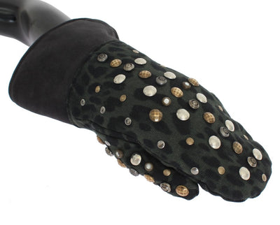 Dolce & Gabbana Graue Woll-Shearling-Handschuhe mit Nieten und grünem Leopardenmuster