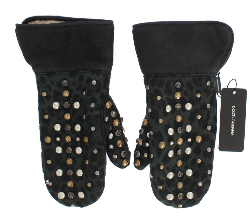 Dolce & Gabbana Graue Woll-Shearling-Handschuhe mit Nieten und grünem Leopardenmuster