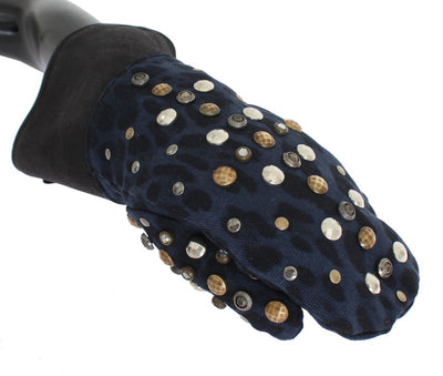 Dolce & Gabbana Graue Woll-Shearling-Handschuhe mit Nieten und blauem Leopardenmuster