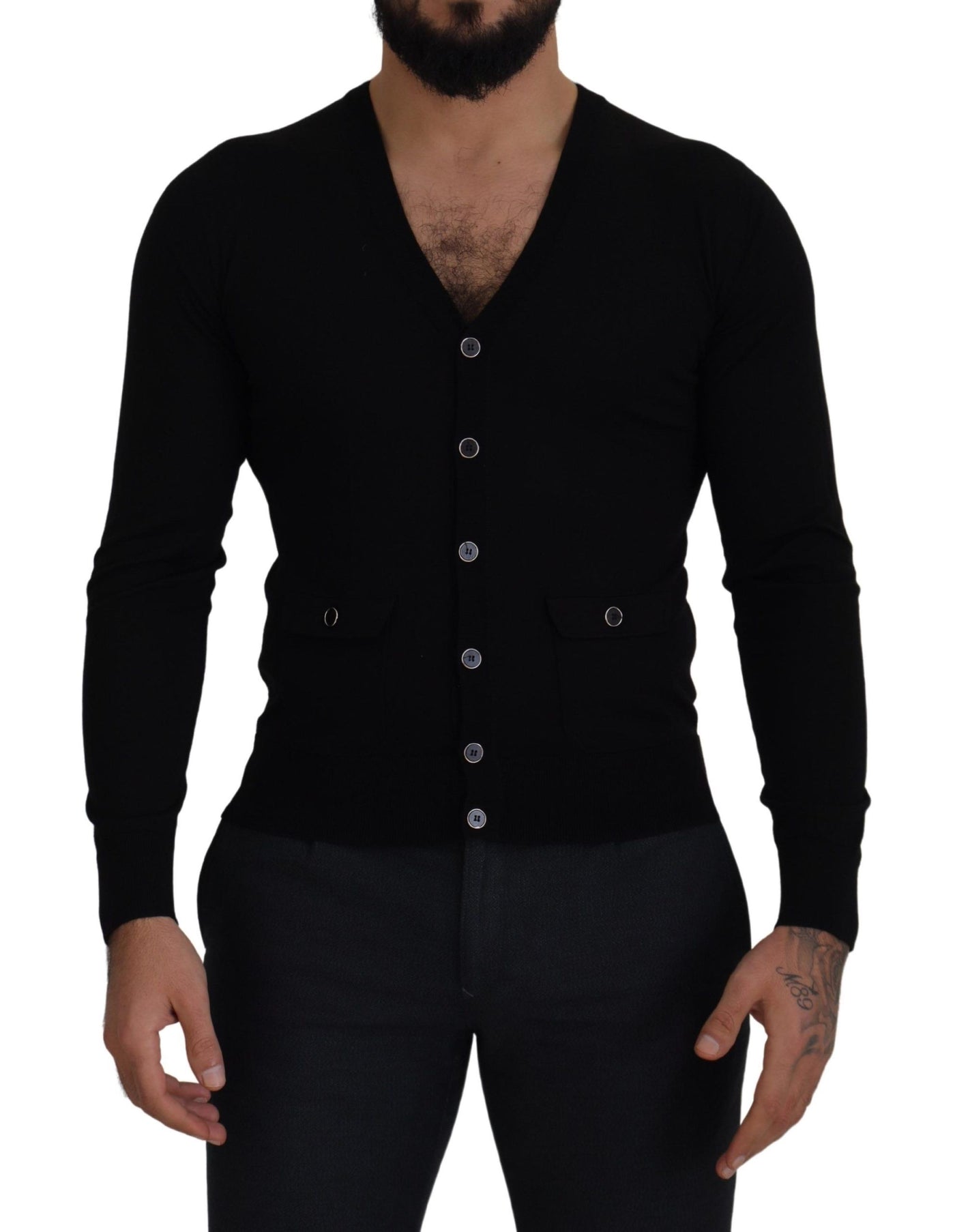 Dolce & Gabbana Schwarze Strickjacke aus Wolle mit Knopfleiste