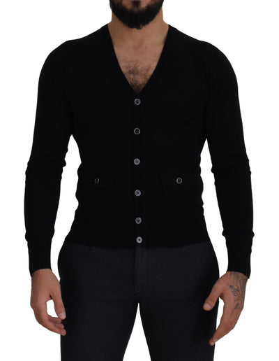 Dolce & Gabbana Schwarze Strickjacke aus Wolle mit Knopfleiste