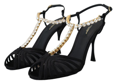 Dolce & Gabbana Schwarz Satin Klar Kristall T-strap Sandale Schuhe