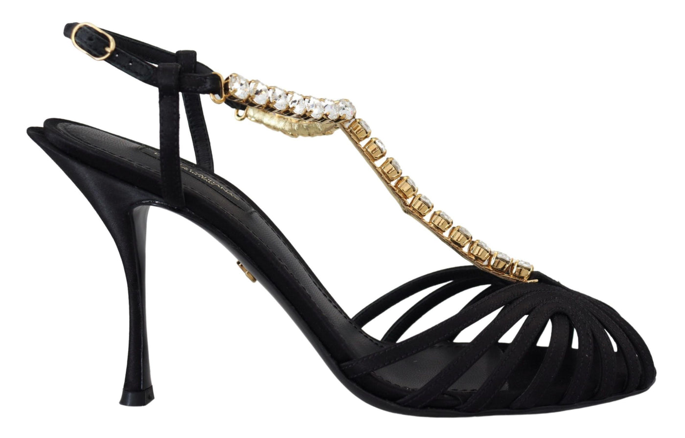 Dolce & Gabbana Schwarz Satin Klar Kristall T-strap Sandale Schuhe