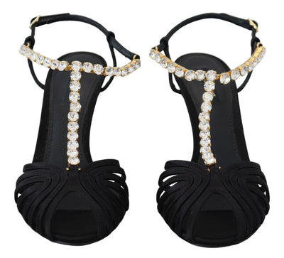 Dolce & Gabbana Schwarz Satin Klar Kristall T-strap Sandale Schuhe