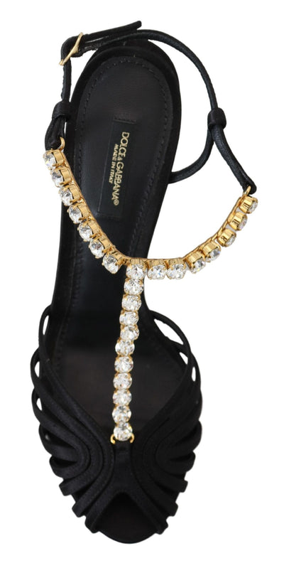 Dolce & Gabbana Schwarz Satin Klar Kristall T-strap Sandale Schuhe