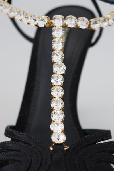 Dolce & Gabbana Schwarz Satin Klar Kristall T-strap Sandale Schuhe
