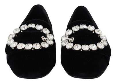 Dolce & Gabbana Schwarz Samt Kristalle Loafers Flats Schuhe