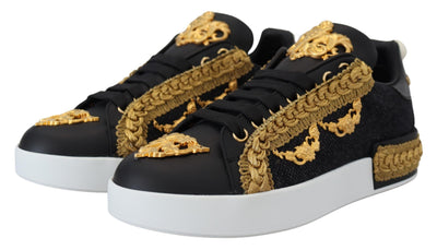 Dolce & Gabbana Schwarz Gold Barock Portofino Leder Turnschuhe Schuhe