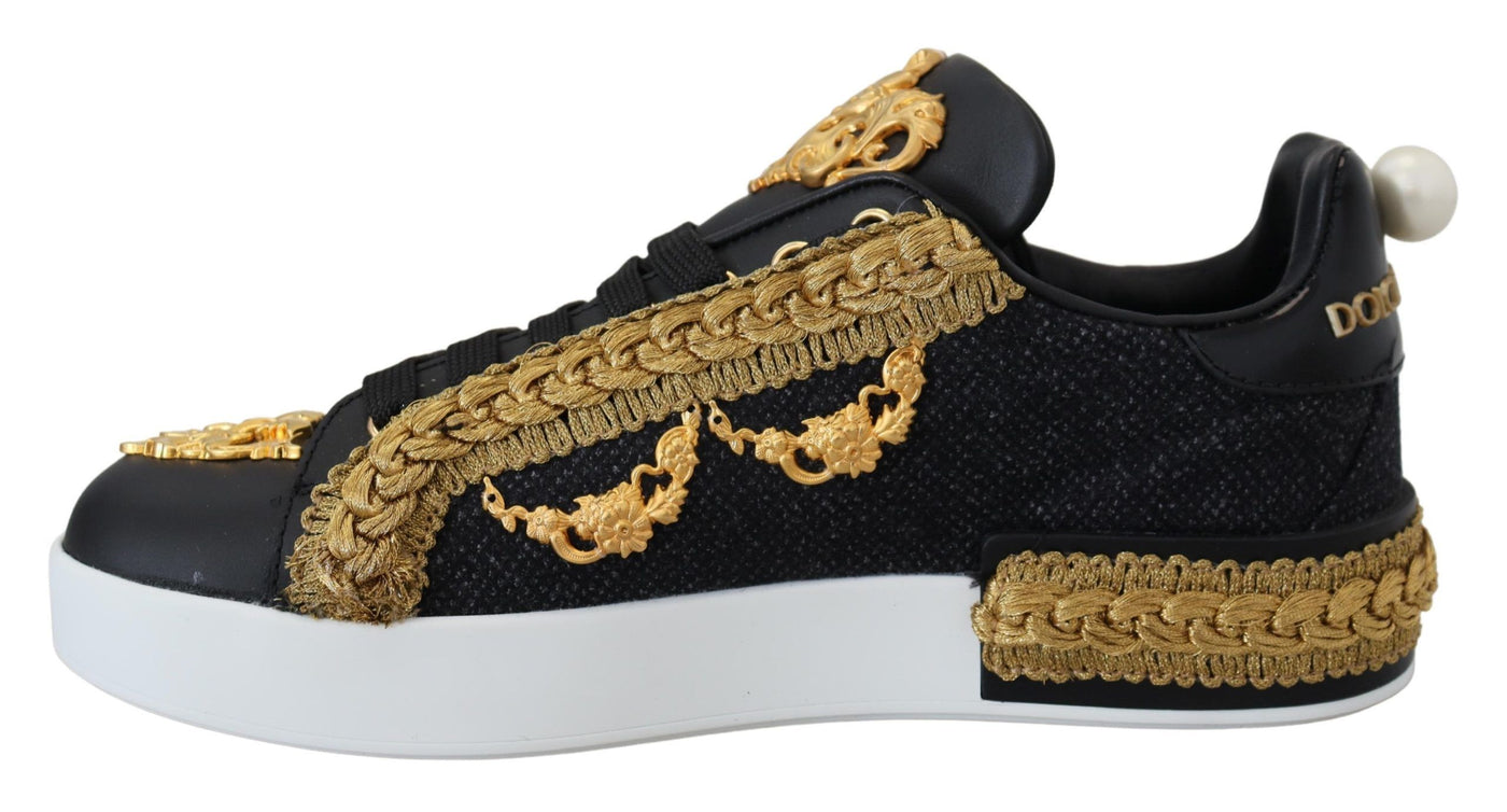 Dolce & Gabbana Schwarz Gold Barock Portofino Leder Turnschuhe Schuhe