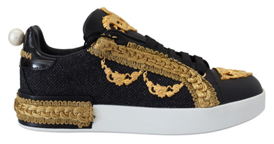 Dolce & Gabbana Schwarz Gold Barock Portofino Leder Turnschuhe Schuhe