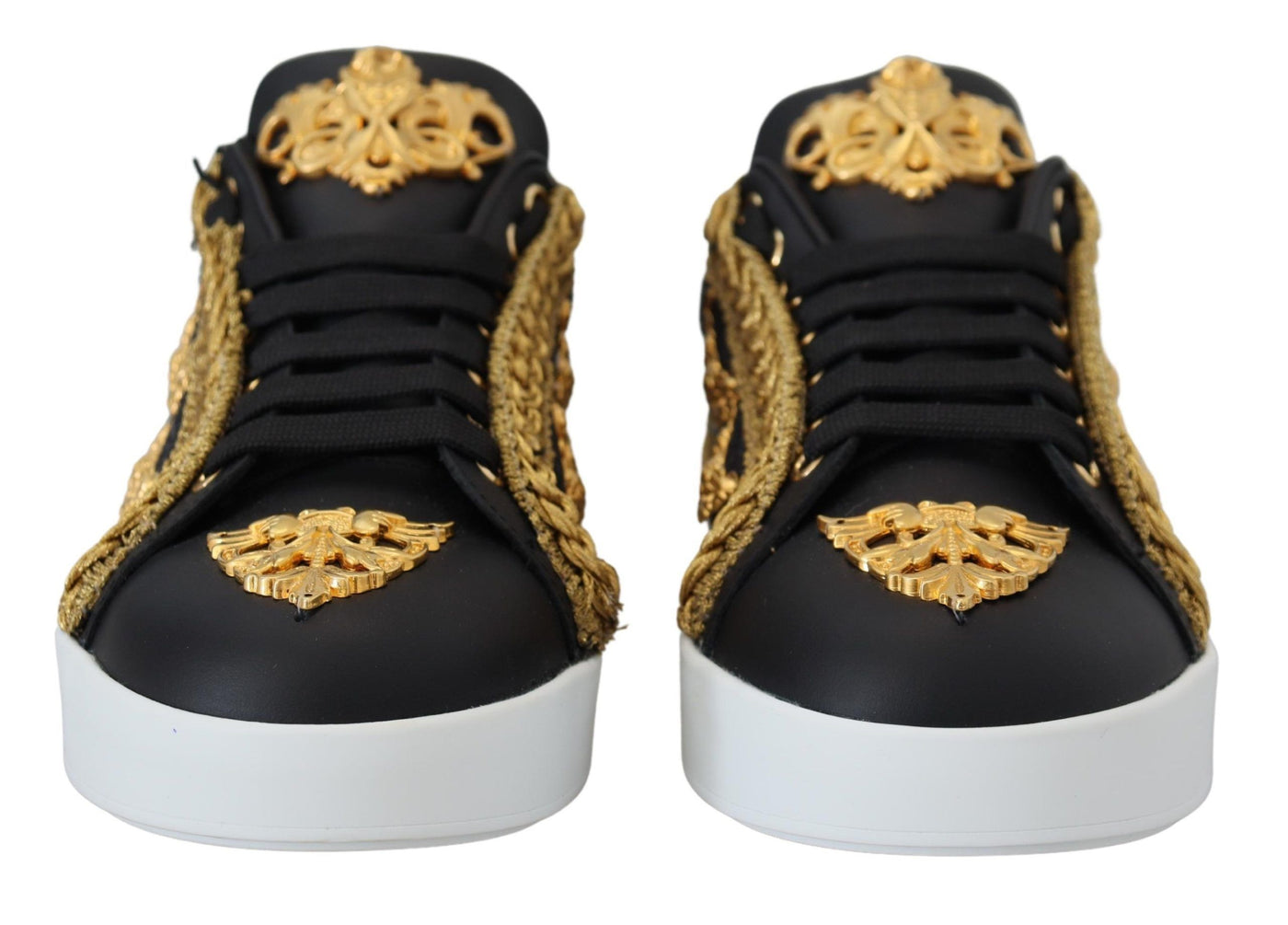 Dolce & Gabbana Schwarz Gold Barock Portofino Leder Turnschuhe Schuhe