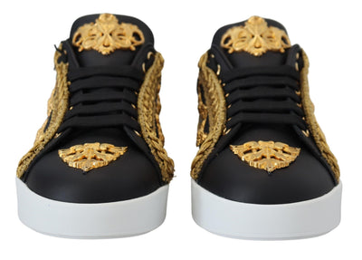 Dolce & Gabbana Schwarz Gold Barock Portofino Leder Turnschuhe Schuhe