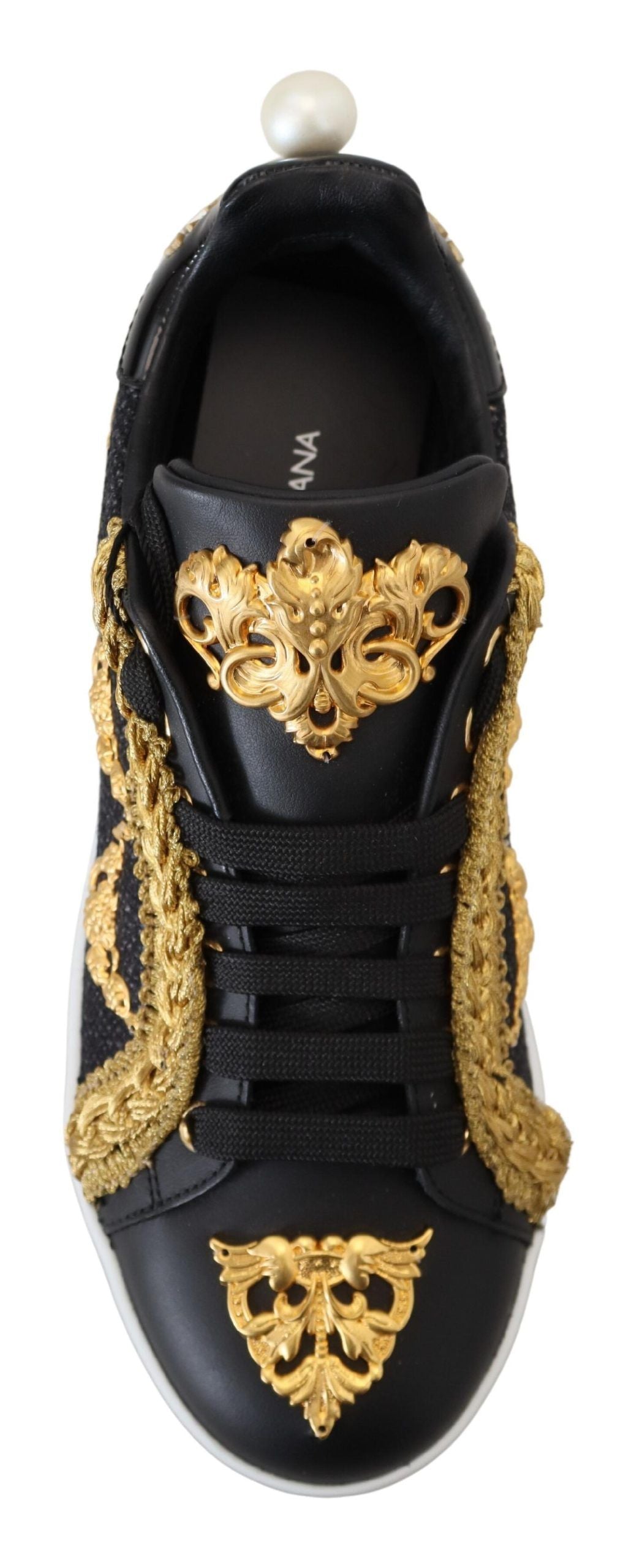 Dolce & Gabbana Schwarz Gold Barock Portofino Leder Turnschuhe Schuhe