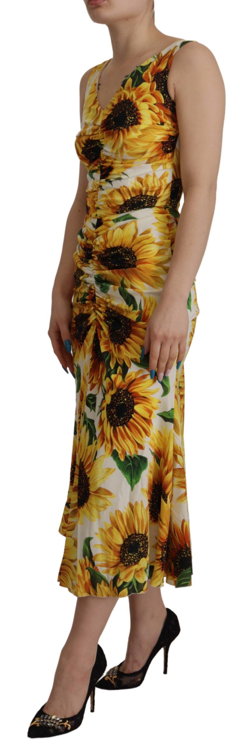 Dolce & Gabbana Weißer Sonnenblumendruck Mantel Midi Seide