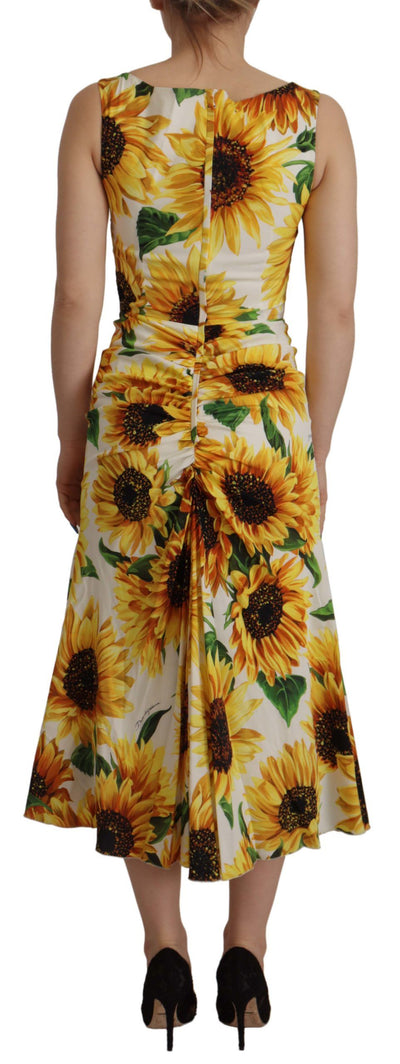 Dolce & Gabbana Weißer Sonnenblumendruck Mantel Midi Seide